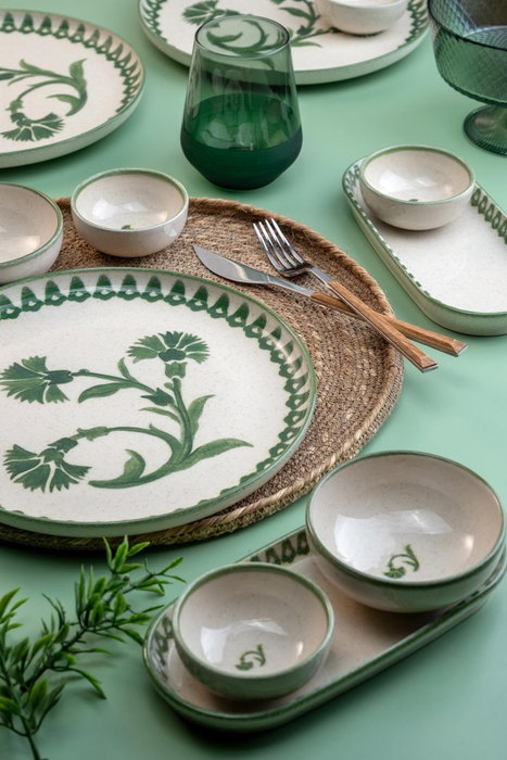 Hermia NPMOD14KH880801 Juego de Desayuno de Porcelana de 14 Piezas, Crema y Verde